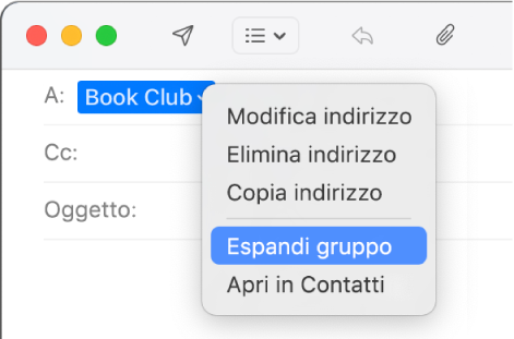 E-mail che include un gruppo nel campo A e il menu a comparsa che mostra il comando “Espandi gruppo”.