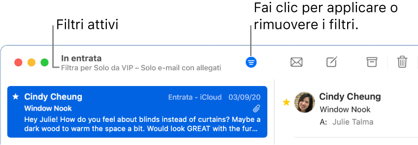 La finestra di Mail mostra la barra degli strumenti sopra l'elenco dei messaggi, dove Mail indica quali filtri vengono applicati, come “Solo da VIP”.