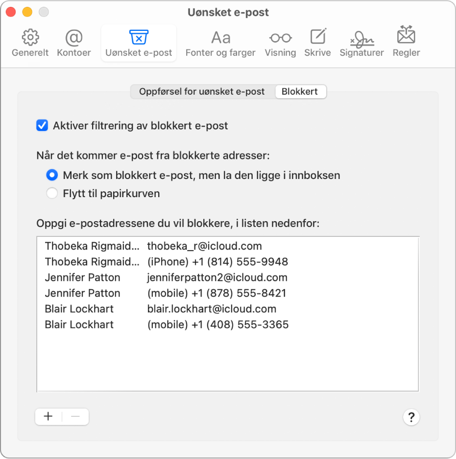 Blokkert-valg som viser en liste over blokkerte avsendere. Avkrysningsruten for å aktivere filtrering av blokkert e-post er markert, i tillegg til alternativet for å merke blokkert e-post men å la det ligge i innboksen når det ankommer.