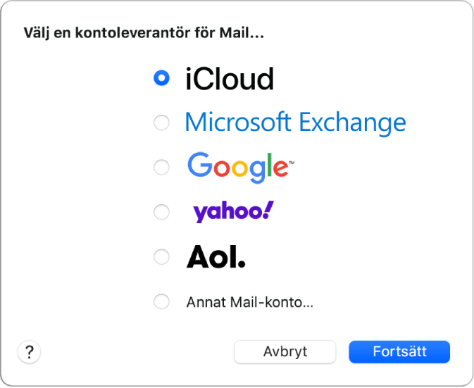 Dialogrutan för att välja en e-postkontotyp med iCloud, Exchange, Google, Yahoo, AOL och Annat Mail-konto.