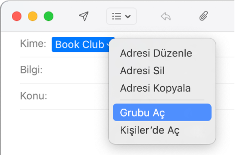 Kime alanında bir grup gösteren bir e-posta ve Grubu Aç komutunu gösteren açılır menü.