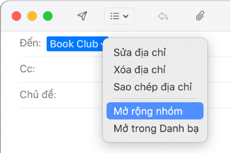 Email hiển thị nhóm trong trường Đến và menu bật lên hiển thị lệnh Mở rộng Nhóm.