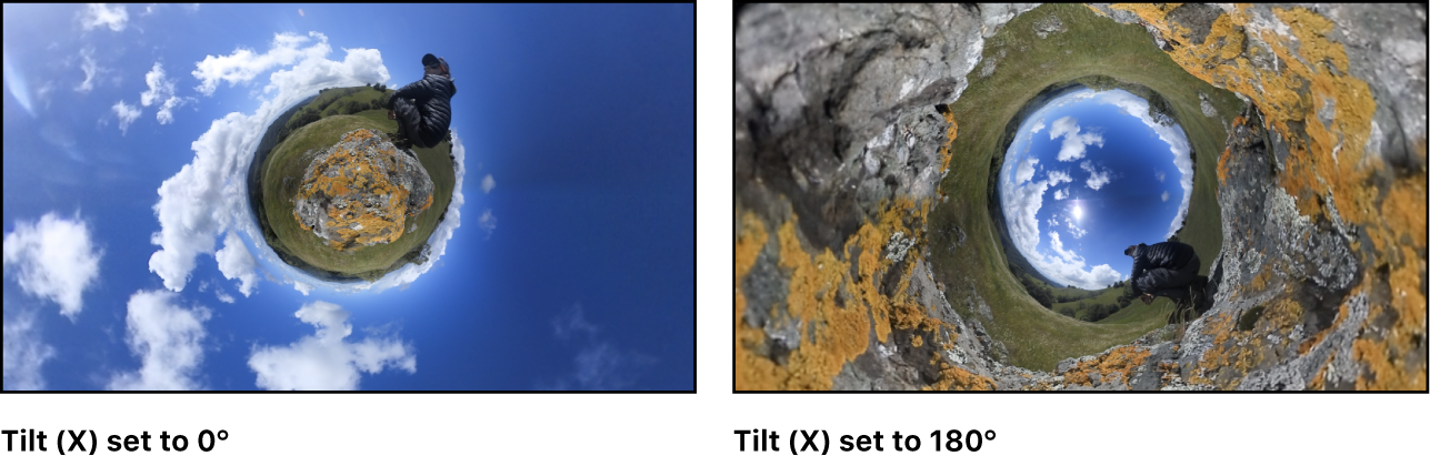 Das Bild eines kleinen Planeten links, bei dem Parameter „Neigung“ auf 0° eingestellt ist, und demselben Bild rechts, bei dem Parameter „Neigung“ auf 180° eingestellt ist, wodurch ein invertierter kleiner Planet erzeugt wird.