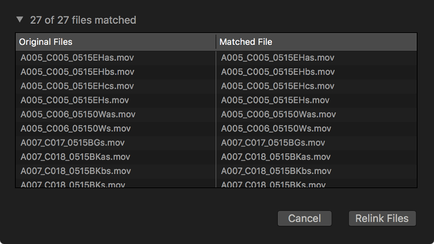 A list of original files and matched files that can be relinked