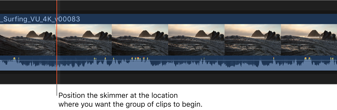 The skimmer positioned on clip in the timeline
