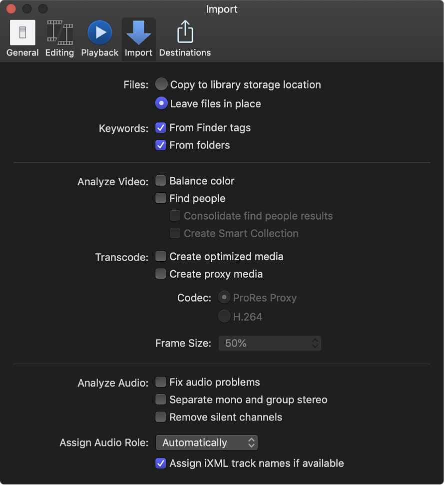 The Import pane of the Preferences window