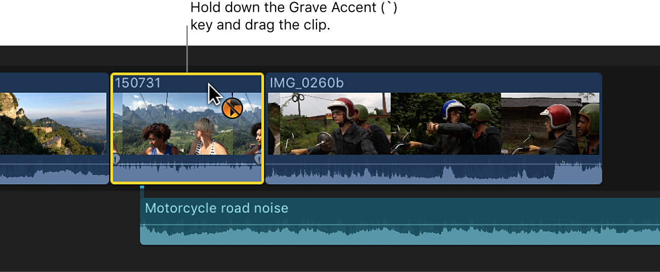 A clip being dragged in the timeline with the Grave Accent key held down