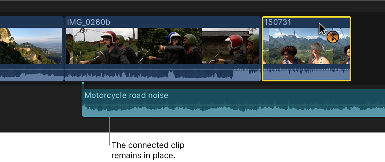 The dragged clip shown at the new location in the timeline, with the clip formerly connected to it remaining at the old location