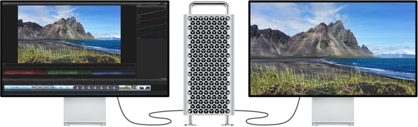 Un Mac Pro con una pantalla Pro Display XDR conectada con la interfaz de Final Cut Pro y una segunda Pro Display XDR con el contenido del visor nada más