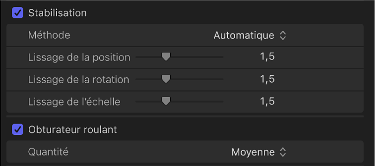 Commandes Stabilisation et Obturateur roulant dans l’inspecteur vidéo