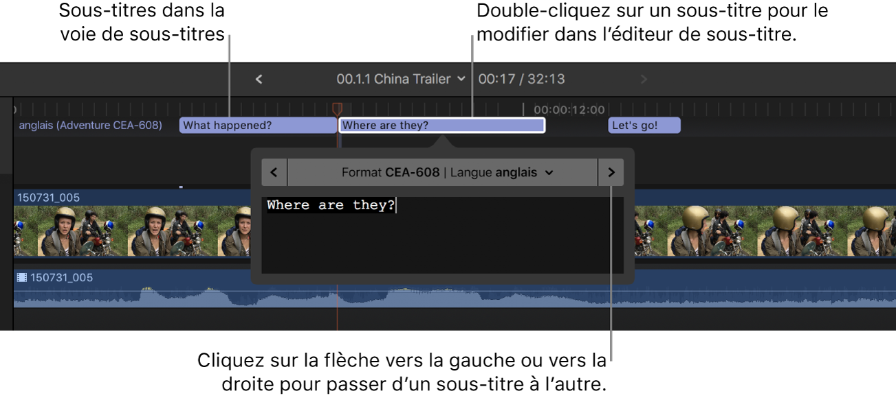 Éditeur de sous-titre et trois sous-titres dans la timeline