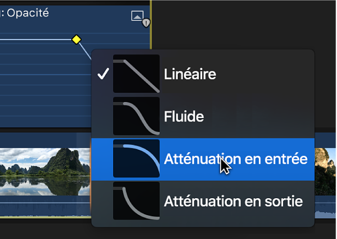 Options de forme de courbe dans un menu contextuel de l’éditeur d’animation vidéo