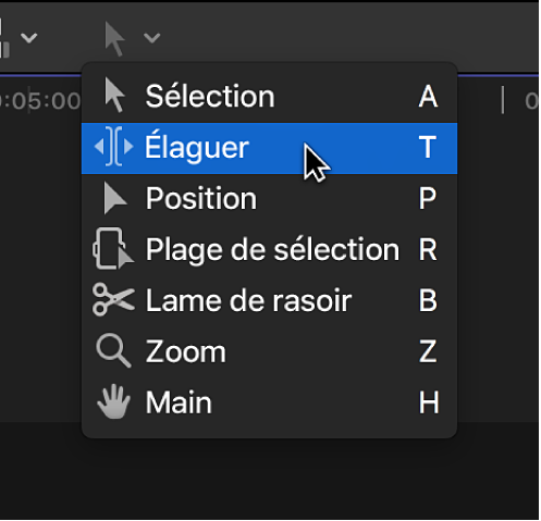 Outil Élaguer dans le menu local Outils