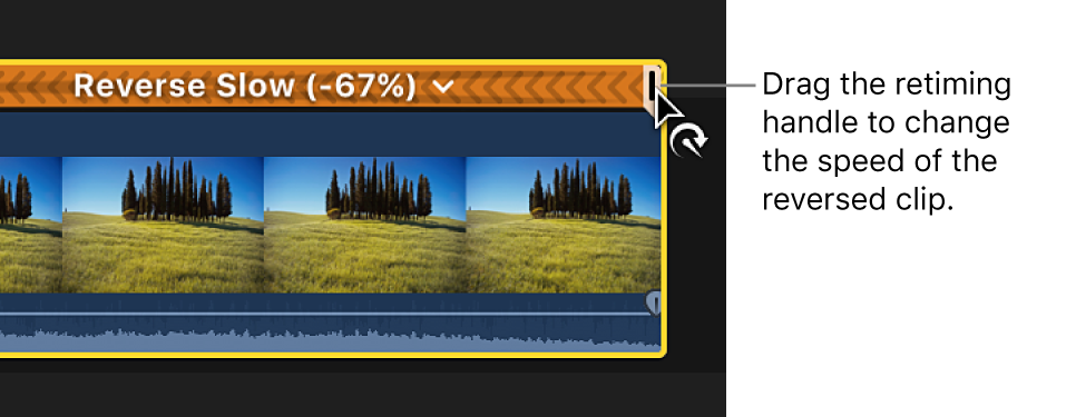 タイムラインで逆再生されるクリップのリタイミングハンドルをドラッグして速度を調整中