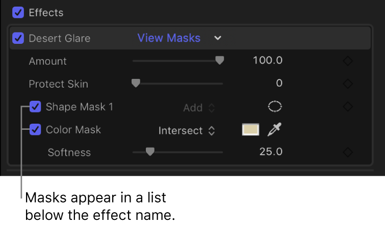 视频检查器的“效果”部分中显示添加到效果的形状遮罩和颜色遮罩