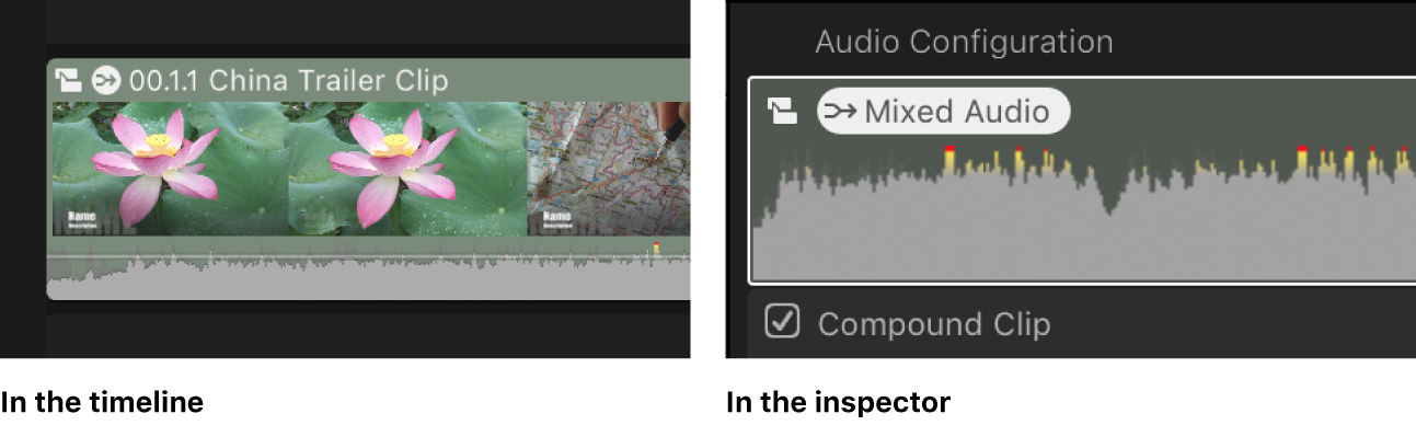 时间线和音频检查器中相同的片段，显示了“混合音频”图标