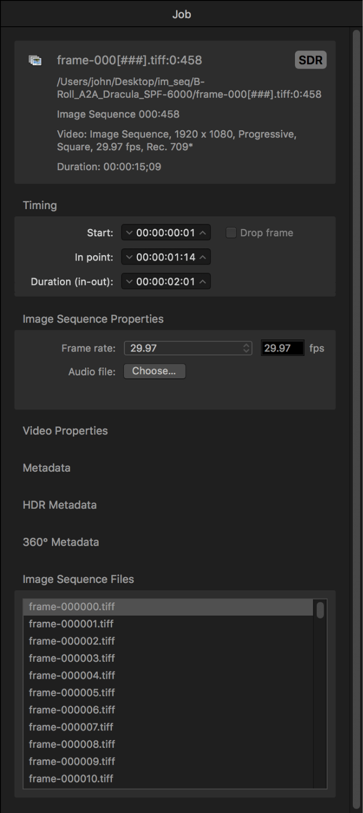Job inspector showing properties for image sequence