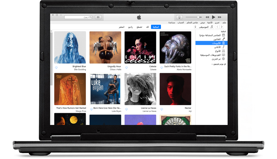 نافذة iTunes وبها مكتبة تضم عدة ألبومات.