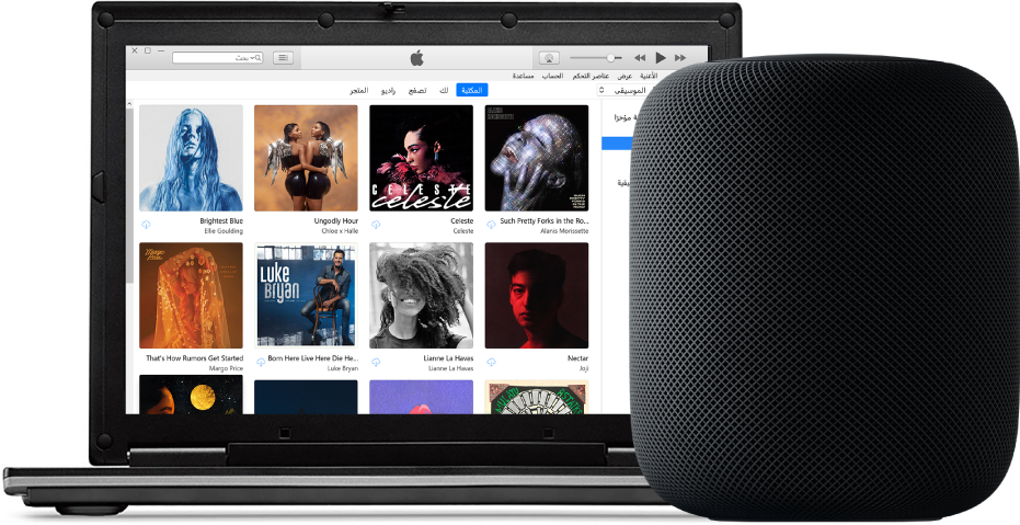 كمبيوتر PC يظهر على شاشته iTunes وبالقرب منه تظهر HomePod.