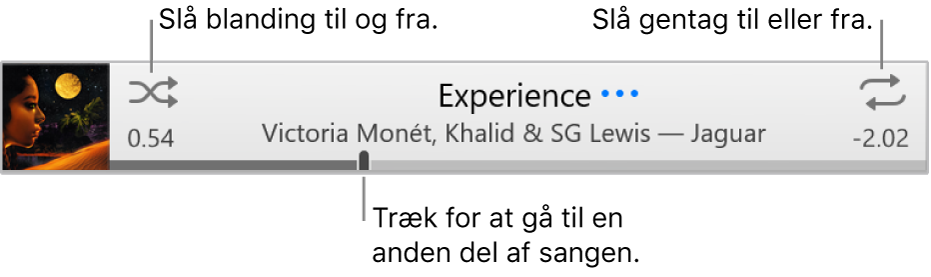 Banneret med en sang, der afspilles. Knappen Bland er i øverste venstre hjørne, og knappen Gentag er i øverste højre hjørne. Træk spillelinjen for at gå til en anden del af sangen.
