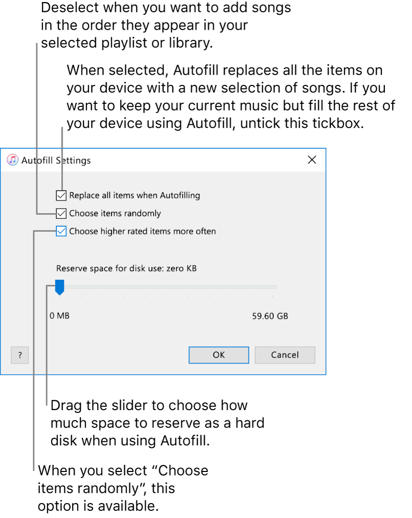 The Autofill Settings dialogue showing four options, from top to bottom. If you have music on your device and want Autofill to replace all the items with new songs, select the option “Replace all items when Autofilling”; otherwise, deselect it to fill the remaining space on your device. To add songs in the order in which they appear in your library or selected playlist, deselect the option “Choose items randomly”. The next option, “Choose higher rated items more often”, is available only when you select the option “Choose items randomly”. If you want to set aside space to use as a hard disk, adjust the slider to set the disk capacity.