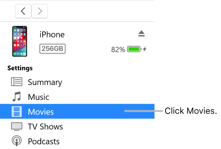 The Device window, with Movies selected in the sidebar on the left.