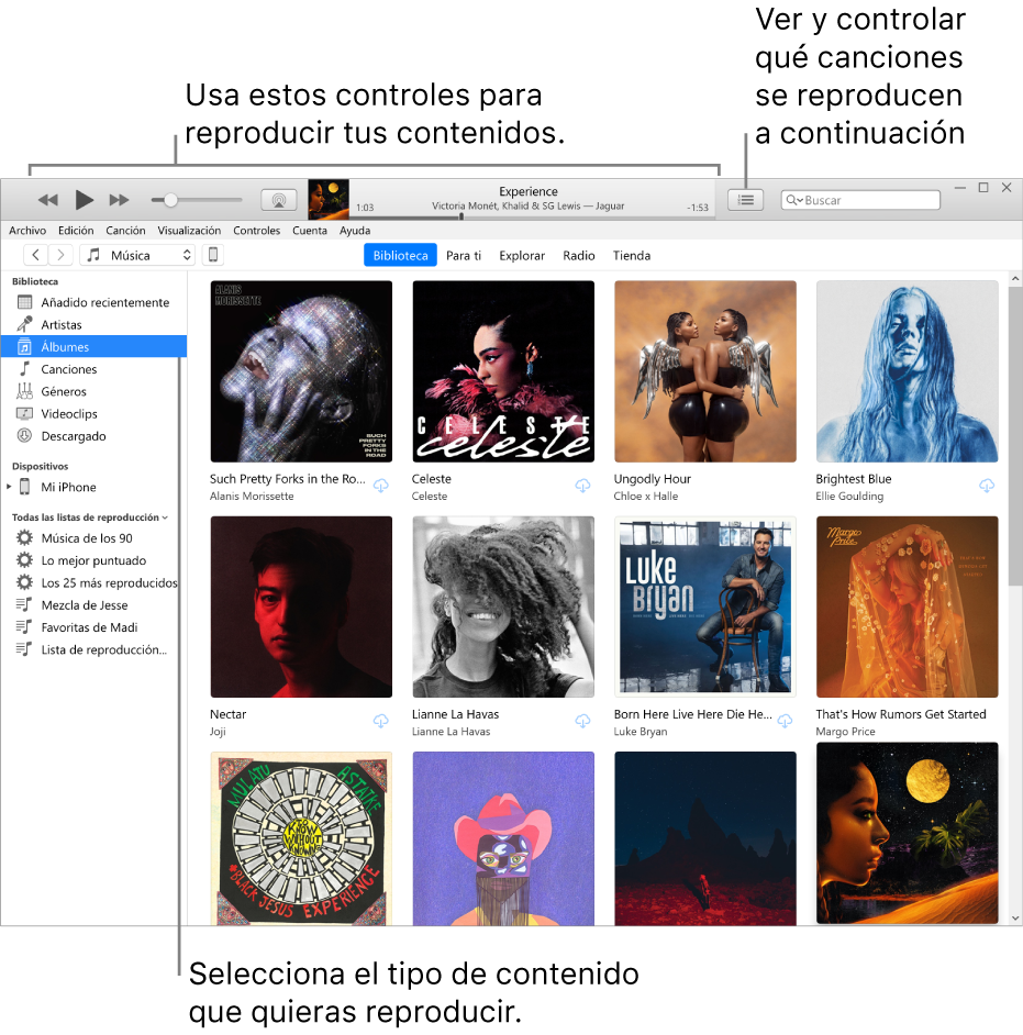 La ventana principal de la biblioteca de iTunes: en el navegador, selecciona el tipo de contenido que quieres reproducir (como Música). Usa los controles de la tira superior para reproducir el contenido, y el menú desplegable “A continuación” de la derecha para ver tu biblioteca de diversas maneras.