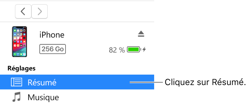 La fenêtre Appareil et l’option Résumé sélectionnée dans la barre latérale à gauche.