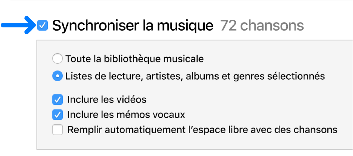 L’option Synchroniser la musique en haut à gauche est sélectionnée avec des options permettant de synchroniser l’intégralité de votre bibliothèque ou uniquement les éléments sélectionnés.