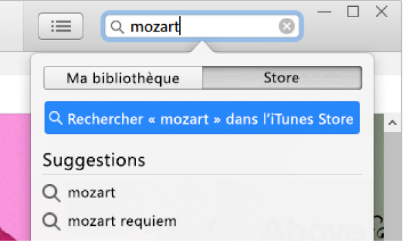 Le champ de recherche avec la requête « Mozart » saisie. Dans le menu local des résultats de recherche, Store est sélectionné.