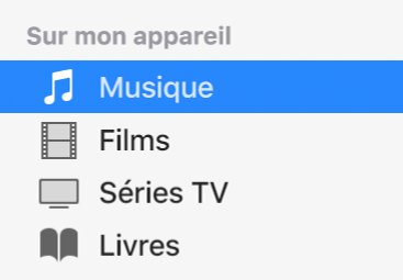 Section Sur mon appareil de la barre latérale affichant l’option Musique sélectionnée.