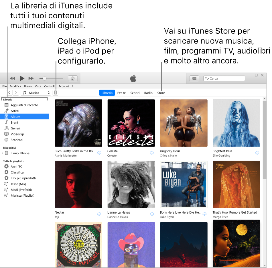 Vista della finestra di iTunes: la finestra di iTunes ha due pannelli. Sulla sinistra c’è la barra laterale Libreria che contiene tutti i file multimediali digitali. Sulla destra, nell’aria più ampia del contenuto, puoi visualizzare una selezione degli elementi che ti interessano. Ad esempio, puoi sfogliare la tua libreria o la pagina “Per te”, cercare nuova musica e nuovi video di iTunes oppure visitare iTunes Store per scaricare musica, film, programmi TV, audiolibri e altro ancora. Nella parte superiore destra della barra laterale Libreria c’è il pulsante del dispositivo che indica che iPhone, iPad o iPod sono collegati al PC.