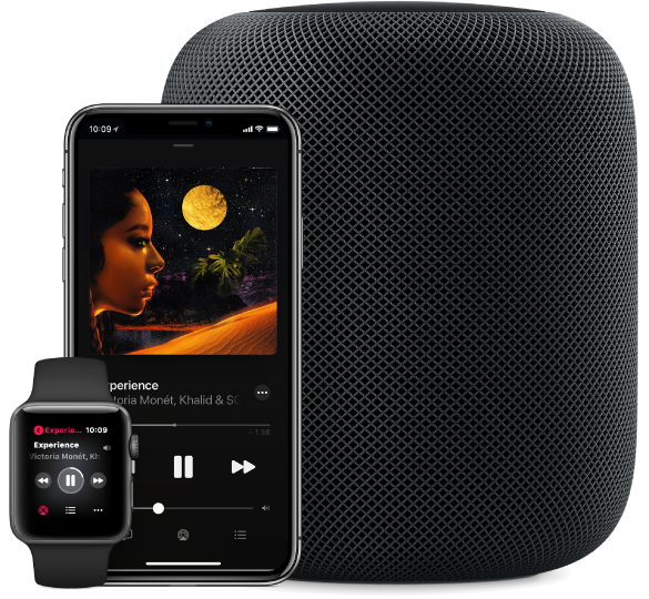 Paparan lagu pada Apple Music bermain pada Apple Watch, iPhone dan HomePod.