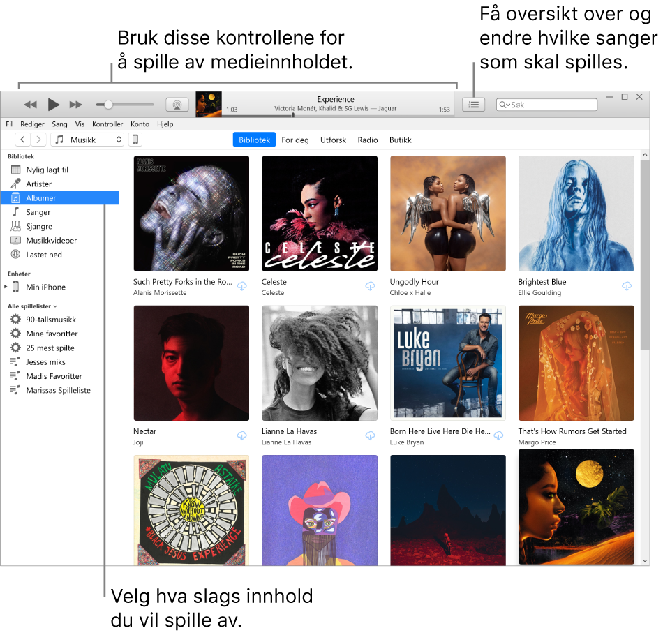 Hovedvinduet i iTunes-biblioteket: I navigeringslinjen velger du medietypen du vil spille av (for eksempel Musikk). Bruk kontrollene i banneret øverst til å spille av mediet, og bruk Neste-lokalmenyen på høyre side til å vise biblioteket på ulike måter.