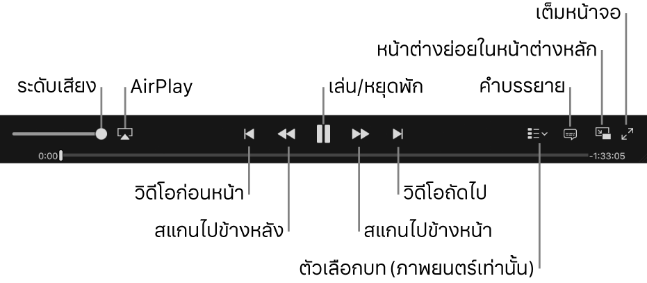 ตัวควบคุมวิดีโอ: ระดับเสียง, AirPlay, วิดีโอก่อนหน้า, สแกนกลับ, เล่น/หยุดพัก, สแกนไปข้างหน้า, วิดีโอถัดไป, ตัวเลือกบท (สำหรับภาพยนตร์เท่านั้น), คำบรรยาย, หน้าต่างรูปภาพข้างในรูปภาพ และโหมดเต็มหน้าจอ