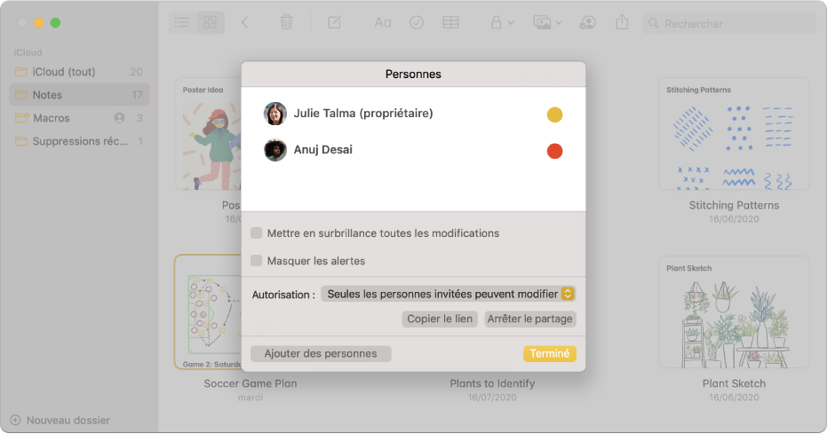 Notes en présentation par galerie après avoir choisi de gérer une note partagée. Vous voyez les personnes répertoriées qui ont été ajoutées à la note, ainsi que les options disponibles.