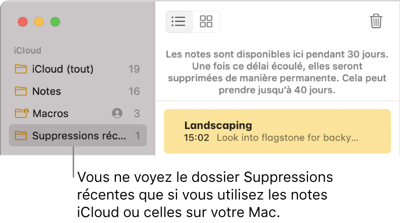 La fenêtre Notes avec le dossier Suppressions récentes dans la barre latérale et une note récemment supprimée. Le dossier Suppressions récentes s’affiche uniquement si vous utilisez des notes iCloud ou des notes stockées sur votre Mac.