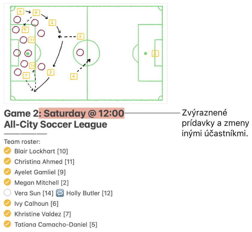 Poznámka s rozpisom tímu pre futbalovú ligu. Zmeny od iných účastníkov sú zvýraznené červenou farbou.