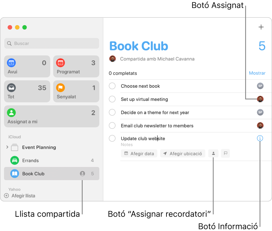 Finestra de l’app Recordatoris que mostra una llista compartida amb recordatoris assignats.