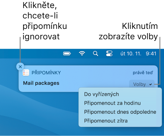 Oznámení připomínky s tlačítky Zavřít a Odložit