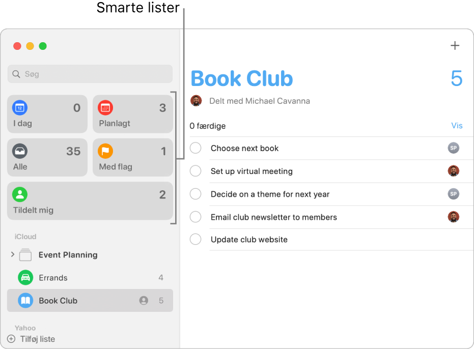Et vindue i Påmindelser, der viser smarte lister i indholdsoversigten.