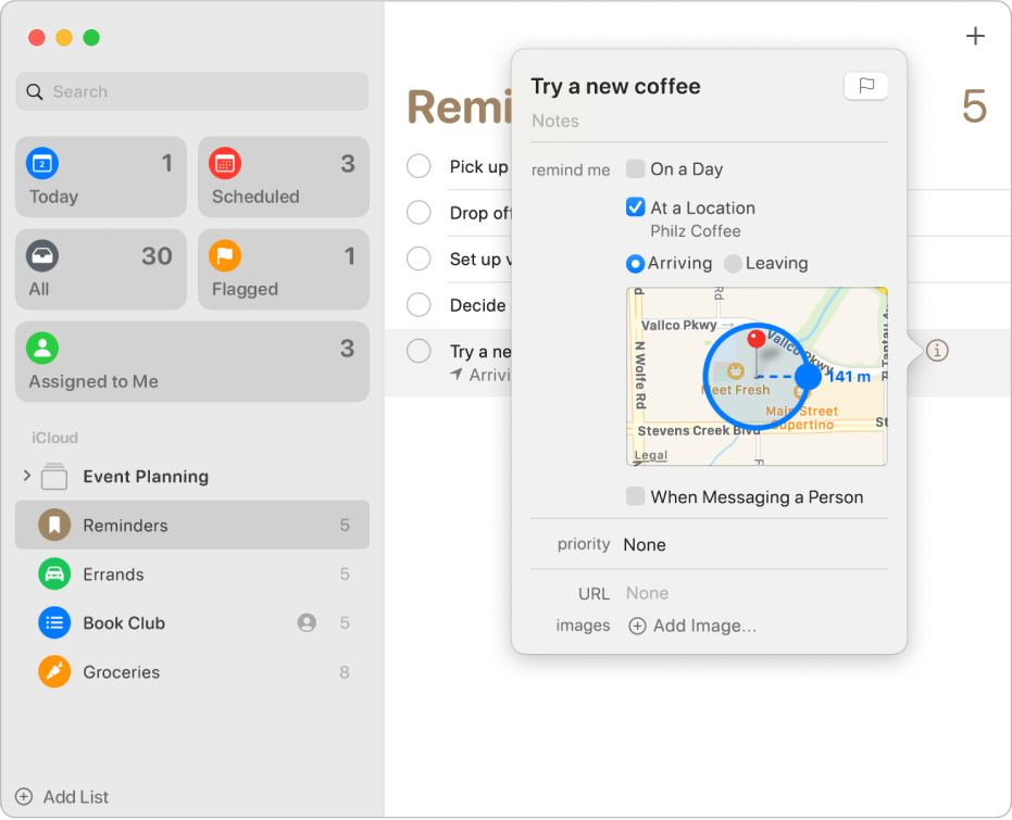 A reminder details window showing a notification set up for a location.