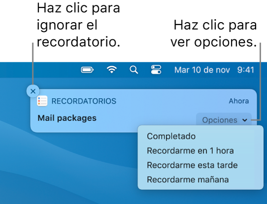 Notificación de un recordatorio con los botones “Completado” y "Más tarde".