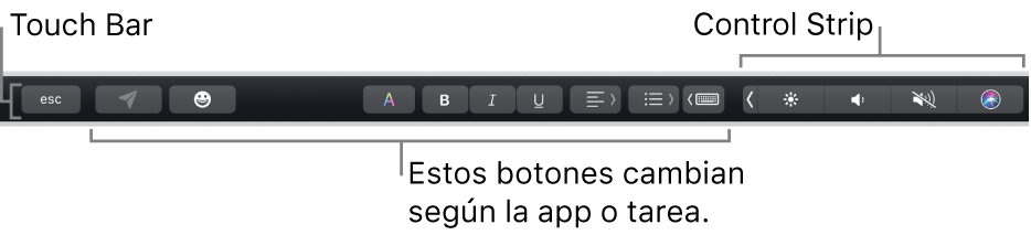 La Touch Bar en la parte superior del teclado, con la Control Strip contraída a la derecha y botones que varían según la app o la tarea.