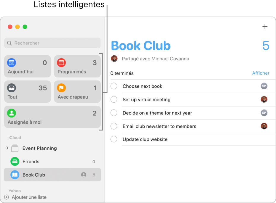 Une fenêtre Rappels affichant des listes intelligentes dans la barre latérale.