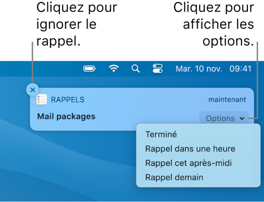 Une notification de rappel avec les boutons Terminer et Plus tard.