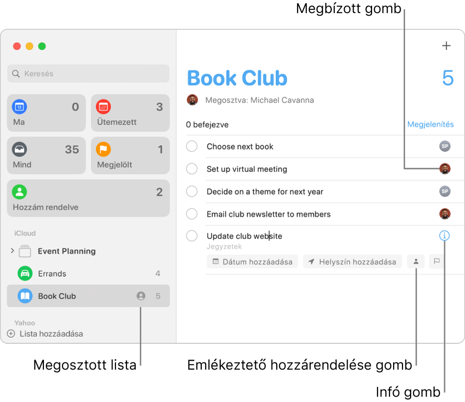 Az Emlékeztetők ablaka egy megosztott listával és a hozzárendelt emlékeztetőkkel.