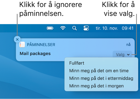 Påminnelsesvarsling med Fullført- og Senere-knapper.