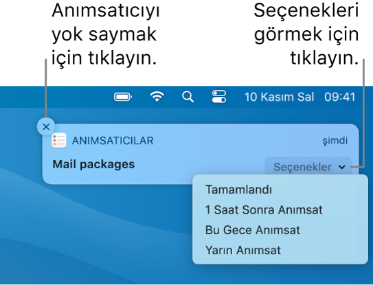 Tamamlandı ve Daha Sonra düğmelerini gösteren anımsatıcı bildirimi.