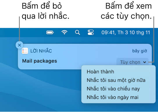 Thông báo lời nhắc với các nút Hoàn thành và Sau.